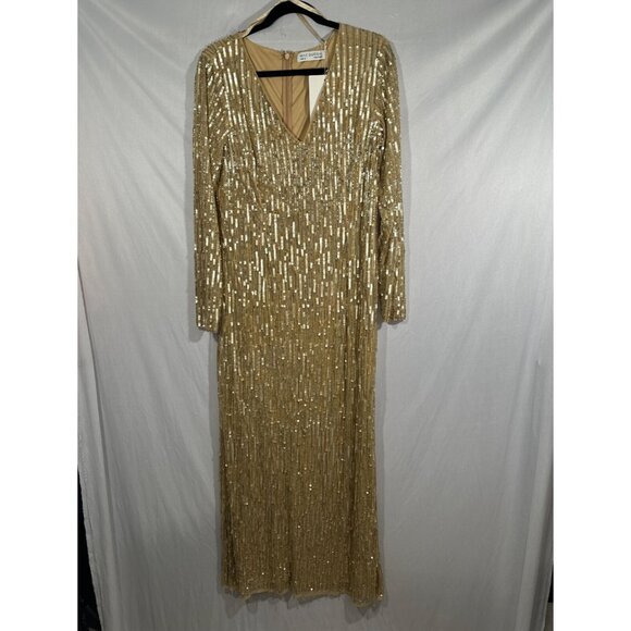 NWT $598 Mac Duggal [ 12 ] Sequined Long Sleeve V Neck Beaded Fringe Gown Gold‎ - Picture 8 of 15